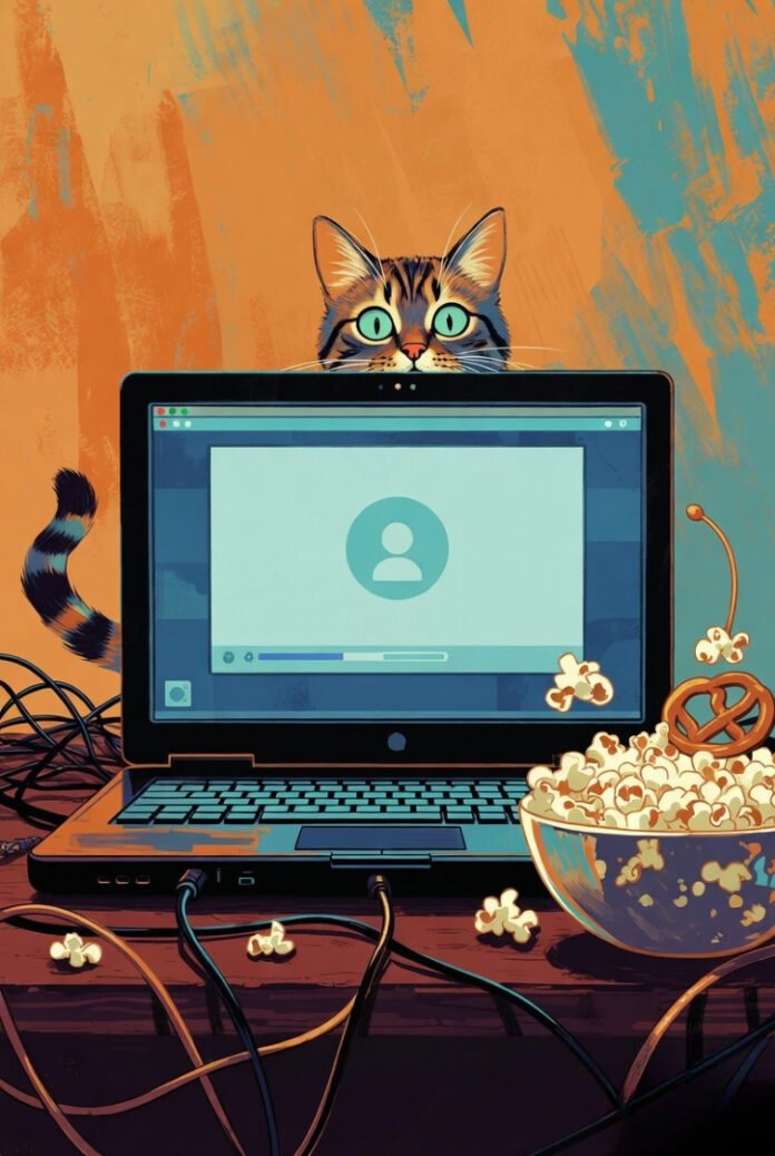 Shocked cat watches game on laptop amid tangled cables, popcorn, and floating pretzel antenna in retro orange-teal style.