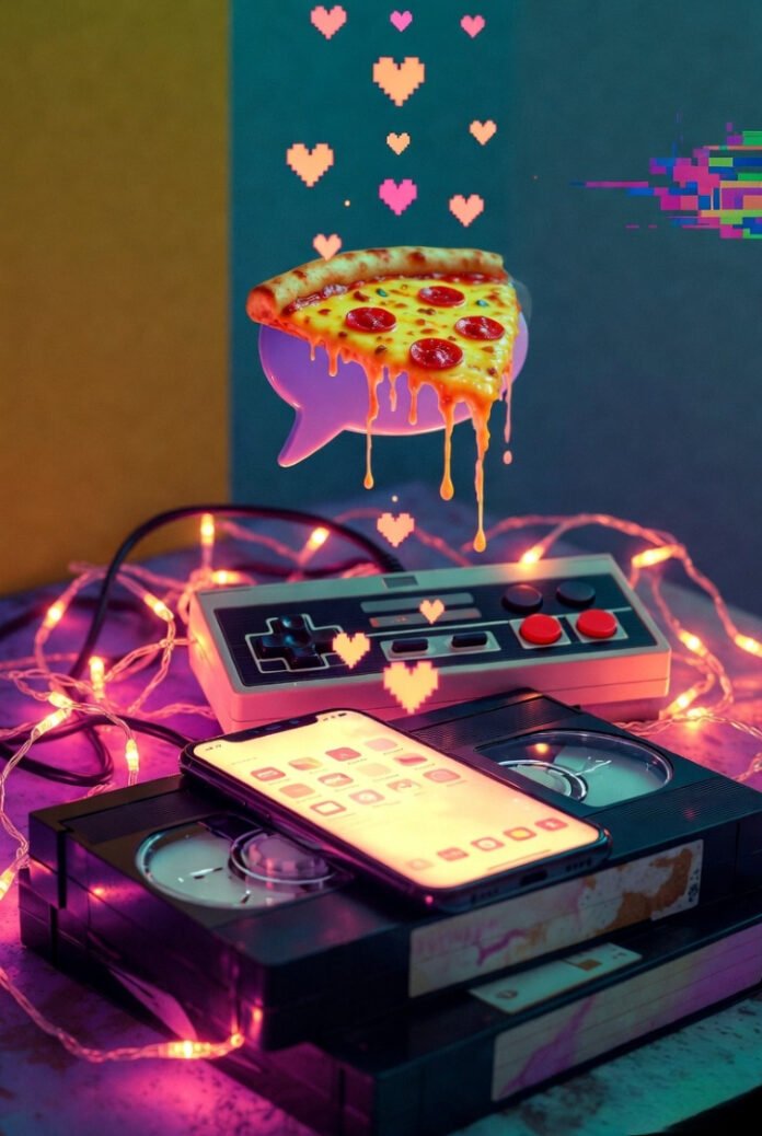 Impressionistic digital art of messy live stream life: VHS stack, tangled controller, pizza bubble, teal-pink glitch.