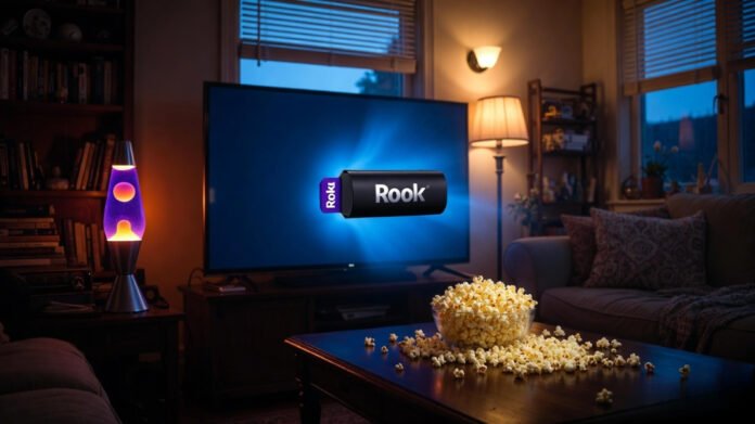 Roku streaming device jammed in the TV, half-eaten popcorn mess, lava lamp bubbling purple and orange clashing with cool TV blue – because this is exactly how I watch movies now.
