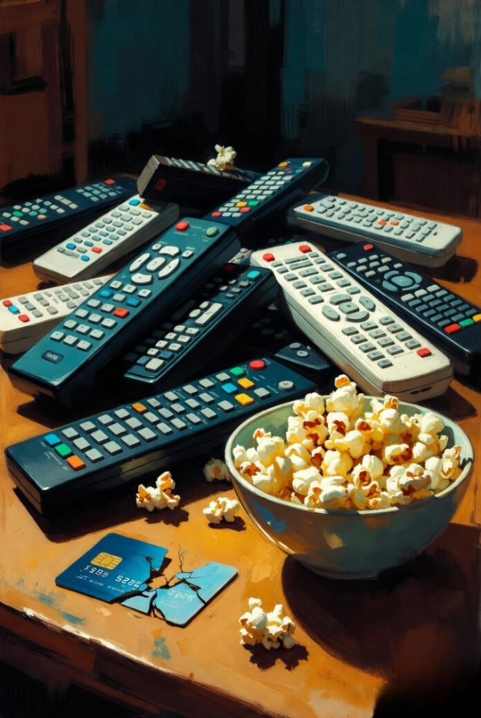 Vintage-style impressionist painting of tangled TV remotes, half-eaten popcorn, and a broken credit card on a coffee table in teal, yellow, and orange hues.