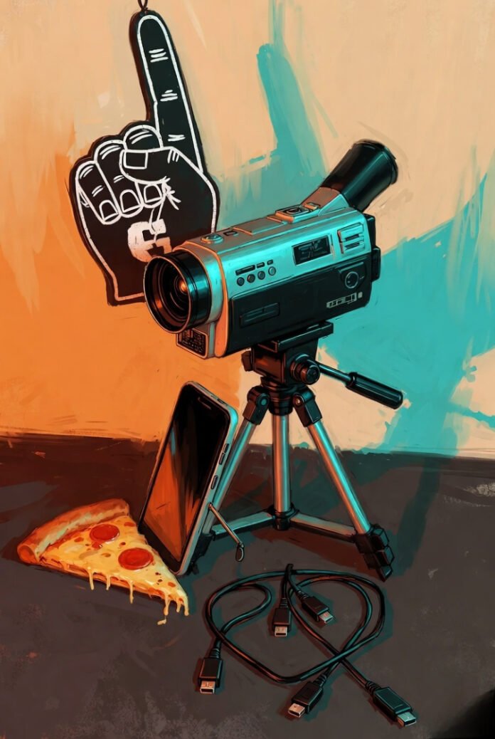 Impressionistic digital painting: vintage camcorder and smartphone on a wobbly tripod, dangling foam #1 finger, stale pizza slice, tangled HDMI cables forming a quirky heart, wry humor vibe. (18 words)
