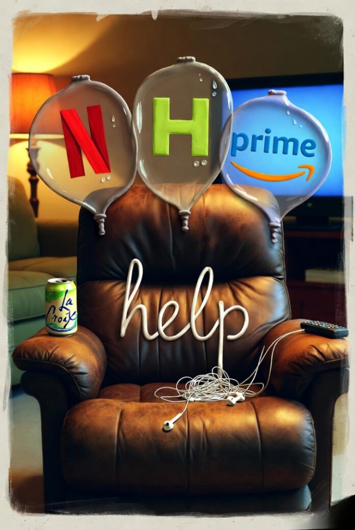 Vintage-inspired view of cluttered recliner, earbud wires spelling 