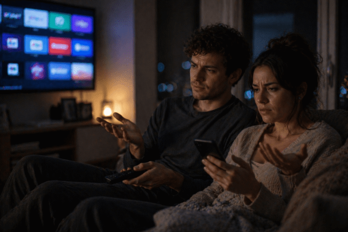 Couple frustrated choosing streaming apps on TV at night