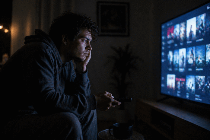 Man frustrated scrolling streaming apps in dimly lit room
